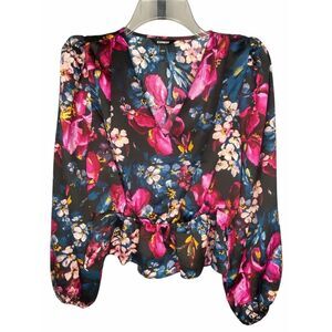 Express blouse Womens size small Floral peplum‎ Long baloon Sleeves V-Neck wrap